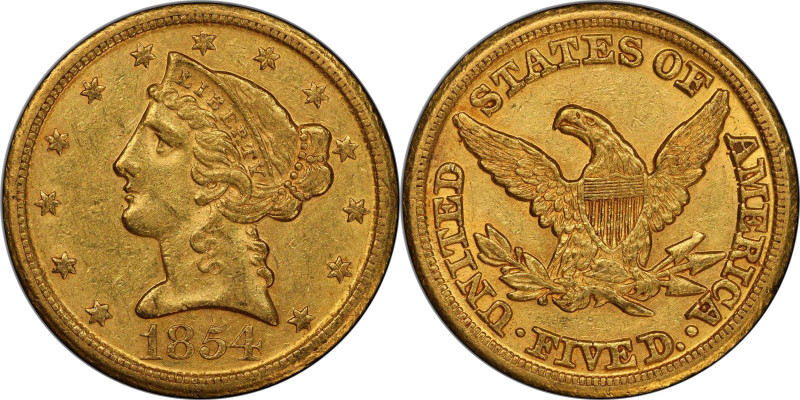 1854-D Liberty Head Half Eagle. Winter-Obverse 31. Weak D. AU-58 (PCGS).

Roun...