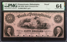 Philadelphia, Pennsylvania. Bank of Pennsylvania. 1850's. $50. PMG Choice Uncirculated 64. Proof.

(PA-480 G190c). Plate B. Six POCs. Printed on Ind...