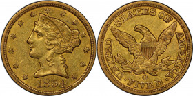 1854-O Liberty Head Half Eagle. Winter-1. AU-58 (PCGS). CAC.

A beautiful olive-honey example with smartly impressed design elements and nearly full...