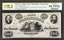 Philadelphia, Pennsylvania. Bank of Pennsylvania. 1850s. $100. PCGS Banknote Gem Uncirculated 66 PPQ. Proof.

(PA-480 G196) Plate B. Eight POCs. Pri...