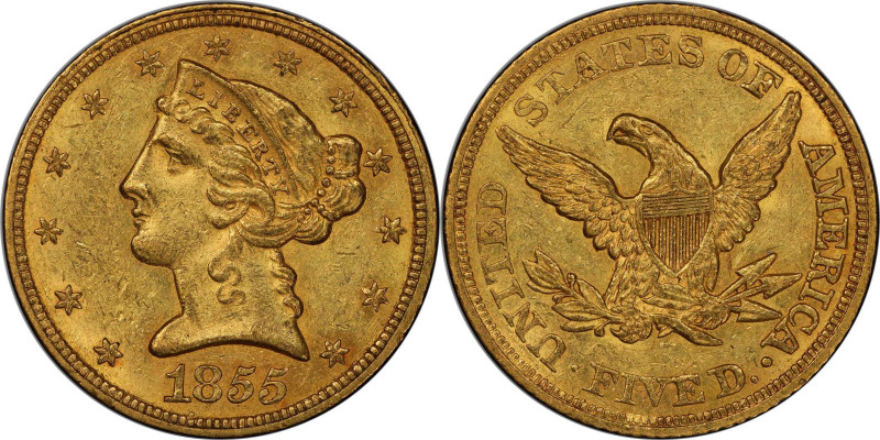 1855 Liberty Head Half Eagle. AU-58+ (PCGS). CAC.

This frosty, fully original...