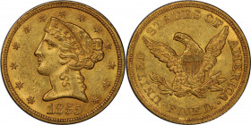 1855 Liberty Head Half Eagle. AU-58+ (PCGS). CAC.

This frosty, fully original, golden-honey example would make a particularly impressive addition t...