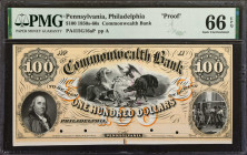 Philadelphia, Pennsylvania. Commonwealth Bank. 1850s-60s. $100. PMG Gem Uncirculated 66 EPQ. Proof.

(PA-415 G16a) Plate A. Four POCs. Imprint of Ba...