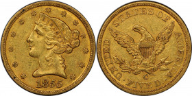 1855-C Liberty Head Half Eagle. Winter-1, the only known dies. Die State I. AU-55+ (PCGS). CAC.

This charming honey-orange and reddish-gold example...