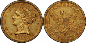 1855-S Liberty Head Half Eagle. AU-55 (PCGS).

Glints of pinkish-rose iridescence enliven otherwise deep honey-gold surfaces on both sides of this r...