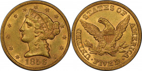 1856 Liberty Head Half Eagle. MS-62 (PCGS).

Appealing frosty surfaces display vivid, original color in deep golden-apricot. Sharply to fully struck...