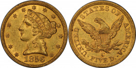 1856-C Liberty Head Half Eagle. Winter-1, the only known dies. MS-60 (PCGS). CAC.

Full mint frost blends with rich honey-orange color on this 1856-...