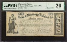 Lot of (2). Racine, Wisconsin. Racine & Mississippi Rail Road Co. 1850s. $2. PMG Very Fine 20. Remainder.

Krause WI-686 SC 8. Ca. 1850s. Lithograph...