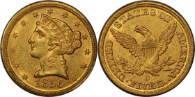 1856-D Liberty Head Half Eagle. Winter 33-BB, the only known dies. AU-58 (PCGS). CAC.

Deep honey-rose surfaces display lively mint luster in a sati...