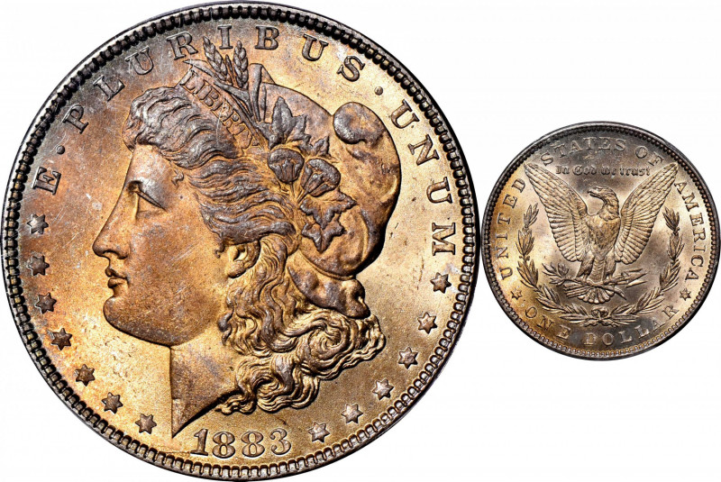 1883 Morgan Silver Dollar. MS-67 (PCGS).

Soft lemon-gold and ice-blue shades ...