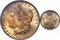1883 Morgan Silver Dollar. MS-67 (PCGS).

Soft lemon-gold and ice-blue shades dominate the obverse, similar colors are on the reverse, but somewhat ...