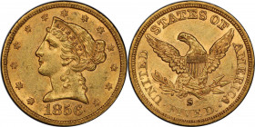 1856-S Liberty Head Half Eagle. MS-62 (PCGS). CAC.

Beautiful golden-rose surfaces with full luster in a soft satin texture. Striking detail is razo...