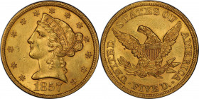 1857 Liberty Head Half Eagle. MS-63 (PCGS). CAC.

Fully struck with thick satin to frosty luster, and rich original honey-orange color that enhances...