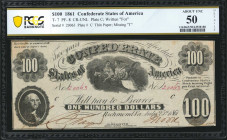 T-7. Confederate Currency. 1861 $100. PCGS Banknote About Uncirculated 50 Details. Minor Mounting Remnants.

No. 20063. Plate C. Imprint of Hoyer an...