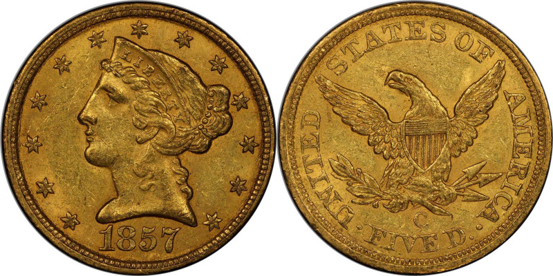 1857-C Liberty Head Half Eagle. Winter-1, the only known dies. MS-61 (PCGS).

...