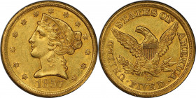 1857-D Liberty Head Half Eagle. Winter 34-DD. Large D. AU-58 (PCGS). CAC.

Gorgeous olive-gold surfaces exhibit tinges of pale orange-apricot. This ...