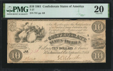 T-27. Confederate Currency. 1861 $10. PMG Very Fine 20.

No. 731, Plate AB. Cr-221. PF-1. An elusive Hoyer and Ludwig produced note, of which around...