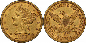 1857-S Liberty Head Half Eagle. Large S. MS-61 (PCGS). CAC.

Originally preserved in deep honey and more vivid rose-gold, this smooth and attractive...