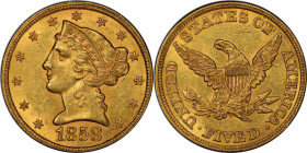 1858 Liberty Head Half Eagle. MS-61 (PCGS).

A sharply struck and lustrous example awash in lovely olive and orange-gold. Prior to this Fairmont Col...