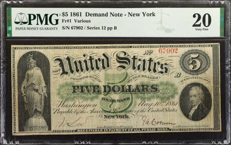 Fr. 1. 1861 $5 Demand Note. PMG Very Fine 20.

New York. Series 12. Plate B, N...