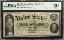 Fr. 1. 1861 $5 Demand Note. PMG Very Fine 20.

New York. Series 12. Plate B, No. 67902. One could easily get lost trying to count the maze of "5"s o...