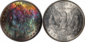 1885 Morgan Silver Dollar. MS-66 (PCGS).

With an obverse dressed in blended iridescent patina of multiple vivid colors, this captivating Gem 1885 i...