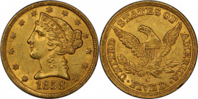 1858-C Liberty Head Half Eagle. Winter-1. MS-61 (PCGS). CAC.

Here is a handsome 1858-C half eagle, a formidable condition rarity. Displaying richly...