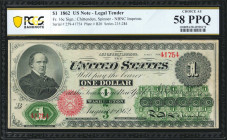 Fr. 16c. 1862 $1 Legal Tender Note. PCGS Banknote Choice About Uncirculated 58 PPQ.

Series 259. NBNC imprints. Dark green under inks and dark red o...