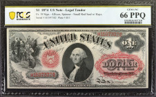 Fr. 19. 1874 $1 Legal Tender Note. PCGS Banknote Gem Uncirculated 66 PPQ.

Allison - Spinner signature combination. Small red seal with rays. An imp...