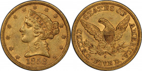 1858-S Liberty Head Half Eagle. AU-58 (PCGS). CAC.

With nearly full satin luster and impressively smooth surfaces, it is difficult for us to imagin...