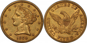 1859 Liberty Head Half Eagle. AU-58 (PCGS). CAC.

This richly original example is awash in handsome honey-apricot color. The surfaces exhibit ample ...