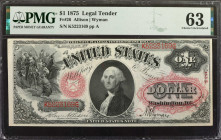Fr. 26. 1875 $1 Legal Tender Note. PMG Choice Uncirculated 63.

Allison - Wyman signature combination with small red spiked seal. A lovely example o...