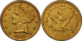 1859-C Liberty Head Half Eagle. Winter-1, the only known dies. Die State II. AU-58 (PCGS). CAC.

A handsome and originally preserved half eagle with...