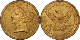 1860 Liberty Head Half Eagle. MS-61 (PCGS).

Semi-reflectivity in the fields enlivens otherwise frosty surfaces on this delightful half eagle. Hands...
