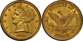 1860-D Liberty Head Half Eagle. Winter 38-EE. Large D. AU-58+ (PCGS). CAC.

A thoroughly PQ example that ranks among the finest Choice AU 1860-D hal...