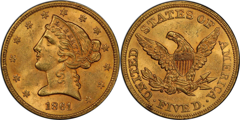 1861 Liberty Head Half Eagle. MS-63+ (PCGS). CAC.

A perennially popular type ...