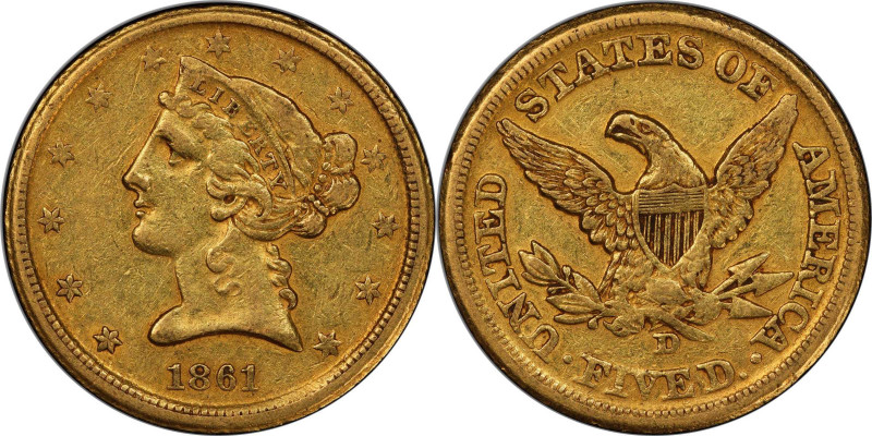 1861-D Liberty Head Half Eagle. Winter 39-FF, the only known dies. EF-45 (PCGS)....