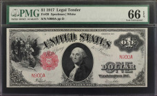 Fr. 39. 1917 $1 Legal Tender Note. PMG Gem Uncirculated 66 EPQ. Low Serial Number.

An impressive three digit serial number of "N900A" is seen on th...