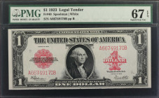 Fr. 40. 1923 $1 Legal Tender Note. PMG Superb Gem Uncirculated 67 EPQ.

Bold ruby red overprints stand out on bright white paper. This 1923 Ace disp...