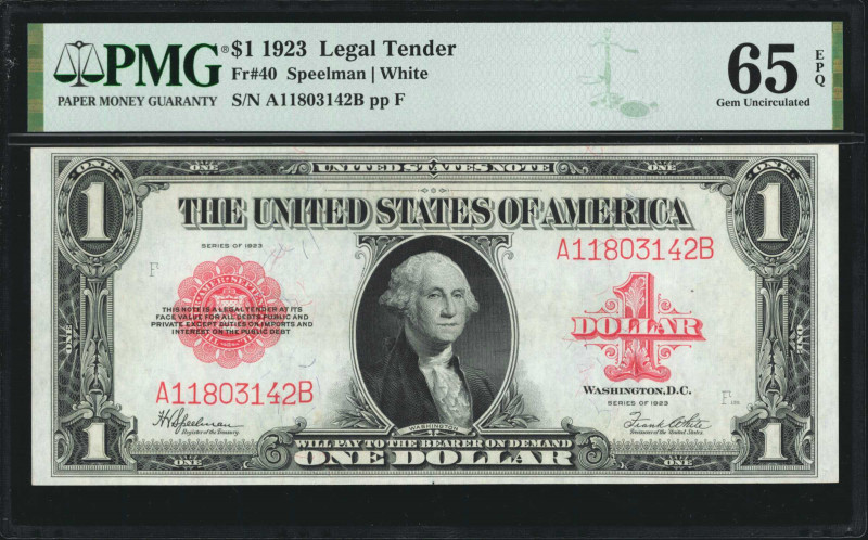 Fr. 40. 1923 $1 Legal Tender Note. PMG Gem Uncirculated 65 EPQ.

A darkly prin...