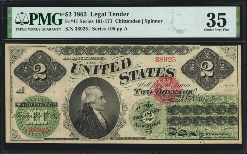 Fr. 41. 1862 $2 Legal Tender Note. PMG Choice Very Fine 35.

Series 105. A pop...