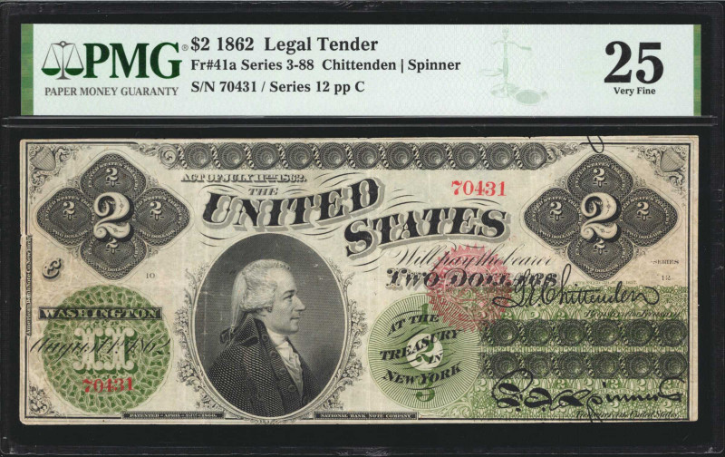 Fr. 41a. 1862 $2 Legal Tender Note. PMG Very Fine 25.

Series 12. Plate C. One...