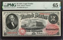Fr. 43. 1874 $2 Legal Tender Note. PMG Gem Uncirculated 65 EPQ.

This 1874 series deuce displays a small red spiked treasury seal and a pink scallop...