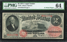 Fr. 43. 1874 $2 Legal Tender Note. PMG Choice Uncirculated 64. Courtesy Autograph.

The courtesy autograph of 24th Treasurer of the United States Jo...