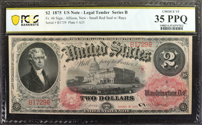 Fr. 46. 1875 $2 Legal Tender Note. PCGS Banknote Choice Very Fine 35 PPQ.

Sma...