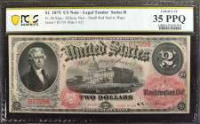 Fr. 46. 1875 $2 Legal Tender Note. PCGS Banknote Choice Very Fine 35 PPQ.

Small red seal with rays. This scarce Series B note is one that is often ...