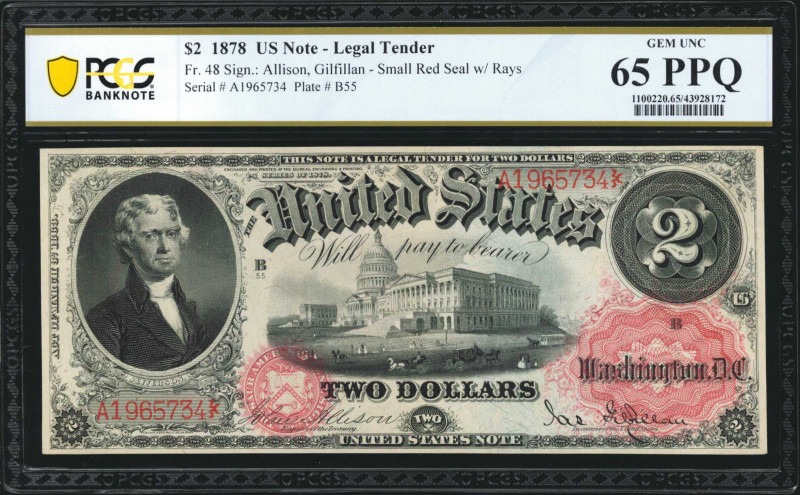 Fr. 48. 1878 $2 Legal Tender Note. PCGS Banknote Gem Uncirculated 65 PPQ.

All...