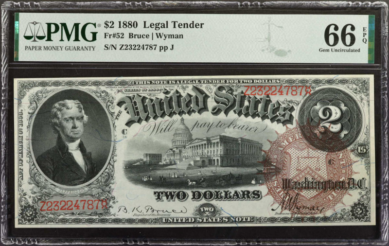 Fr. 52. 1880 $2 Legal Tender Note. PMG Gem Uncirculated 66 EPQ.

Large brown s...