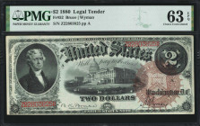 Fr. 52. 1880 $2 Legal Tender Note. PMG Choice Uncirculated 63 EPQ.

Bruce - Wyman signature combination. Large brown spiked treasury seal. Intricate...