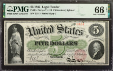 Fr. 61c. 1862 $5 Legal Tender Note. PMG Gem Uncirculated 66 EPQ.

Series 82. ABNC imprint. A tremendous offering for this popular Civil War era Lega...
